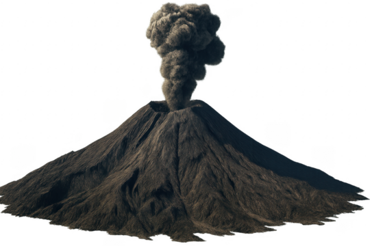 Volcano erupting with large smoke plume on transparent background