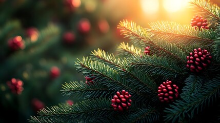 Festive Christmas Pine Boughs with Red Pinecones with Sunlight, and Bokeh Background.