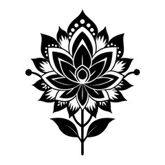 Mystic Ethnic Bloom Black Silhouette Vector Illustration on White Background