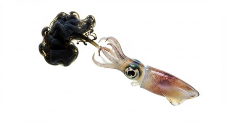 Squid expertly ejects dark ink cloud against bright background. AI Generated