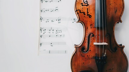 Naklejka premium Violin on a White Background – a classic and artistic visual. The violin resting against a clean white backdrop highlights its timeless beauty and musical elegance.