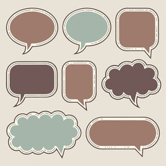 Collection of nine speech bubbles in various shapes and colors with dotted line borders displayed