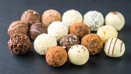 Assorted Gourmet Chocolate Truffles on Plate, Elegant Luxury Dessert Display, Dark Background, Rich Indulgent Treats, Sweet Confections for Celebration, Fine Artisan Chocolates