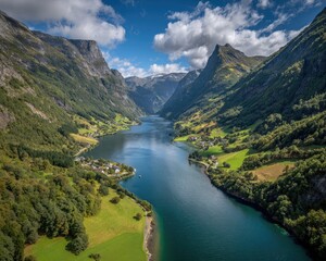 Aerial View Of Norwegian Fjord With Mountains And Village