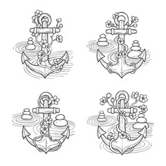 A set of four black and white line art illustrations of nautical anchors decorated with cherry blossoms and Zen stones resting in rippling water.