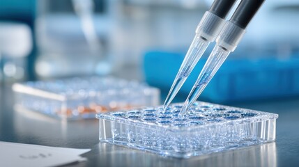 Medium shot centered on focused reagent mixing in microplate well blurred pipettes and lab notes in background.