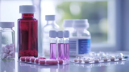 A red and a green pill bottle on a table with a blurred background.