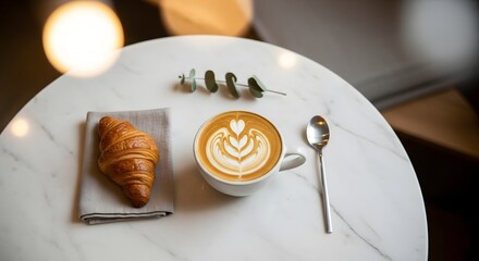 Delicious Croissant and Cappuccino with Latte Art on a Marble Table at a Cafe
