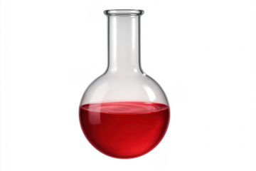 Laboratory glassware containing red liquid on transparent background