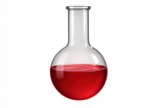 Laboratory glassware containing red liquid on transparent background