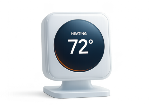 Modern Thermostat Showing 72 Degrees Fahrenheit on Transparent Background