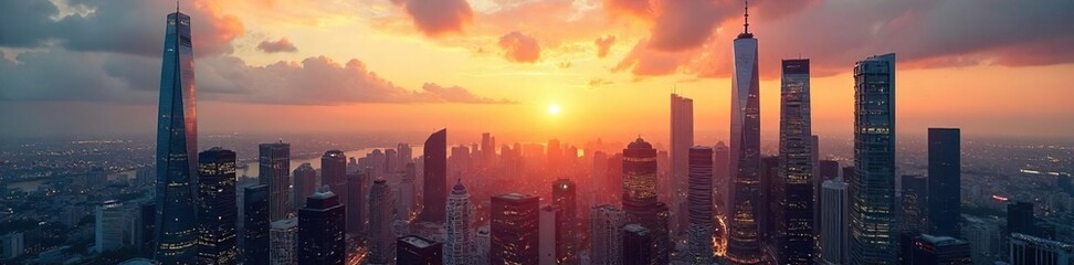 Fototapeta premium Modern glass skyscraper downtown, reflecting city skyline at sunset Sleek architecture, urban landscape, business district Ideal for real estate, corporate, and city themes , building, commercial