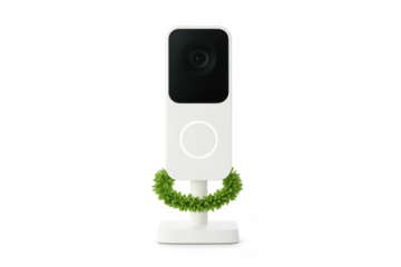 White smart doorbell camera with christmas garland decoration on transparent background
