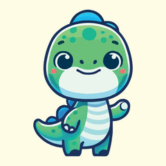 Cute green dinosaur character with big eyes and a friendly smile, featuring a blue crest and striped belly, perfect for children's illustrations and playful designs