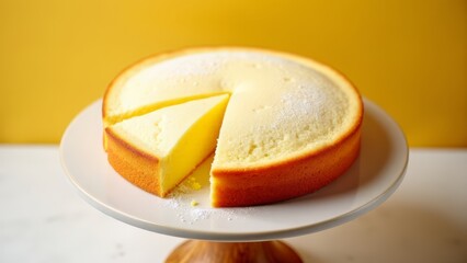 Slice removed from portuguese sponge cake on stand