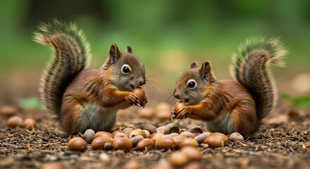 Obraz premium Two playful squirrels share nuts in soft sunlight. AI Generated