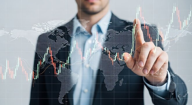 Professional analyzes global market trends, touching interactive world map with stock market chart overlay