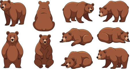 Cartoon bear illustrations, cute animal poses, brown fur character, walking bear, sitting bear, standing bear, vector mascot, kids design