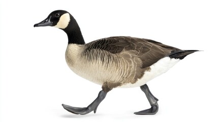 A Canada goose walking on a white background, with a black beak and head, brown and white feathers, and a long neck.