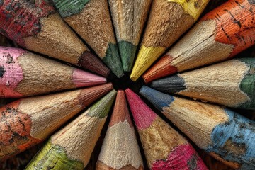 Close-up of colorful, used crayons arranged in a radial pattern