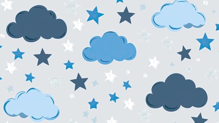 Blue Clouds and Stars Pattern on Light Gray Background for Kids
