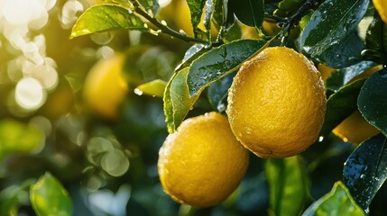 Two lemons hanging from a lemon tree, with water droplets on their surfaces, against a blurred background.