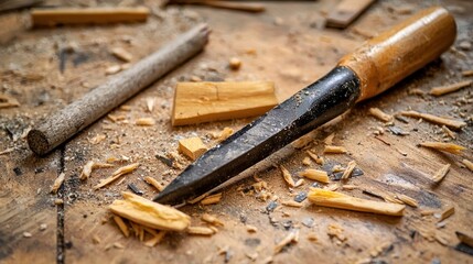 A wooden carving tool with a wooden handle lies on a wooden surface with sawdust and wood shavings, surrounded by scattered wood shavings and a piece of wood