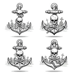 Fototapeta premium A set of four handdrawn monochrome pirate anchors each featuring a skull and crossbones motif.
