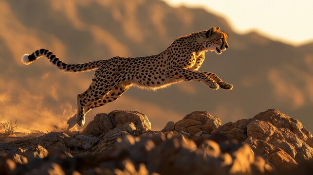 Cheetah leaps over rocks. The spotted cat has its tail up and is silhouetted against the sky. AI. - Powered by Adobe