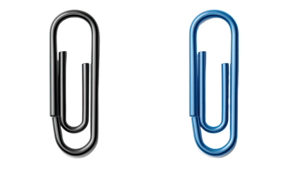 Two paperclips, one dark gray, one vibrant blue, side-by-side