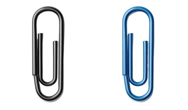 Two paperclips, one dark gray, one vibrant blue, side-by-side