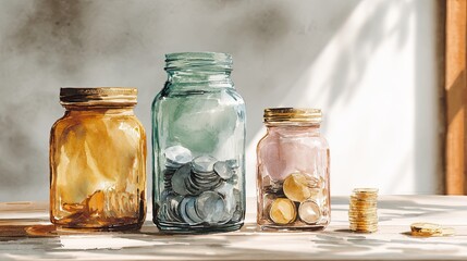 A serene arrangement of glass jars filled with coins, basking in natural light, creating a warm, inviting atmosphere.