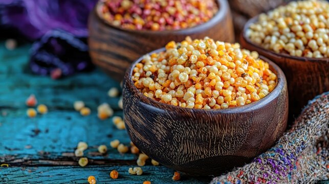 Three wooden bowls filled with yellow and red lentils, placed on a rustic wooden table with a blue and green background, surrounded by a blue and green cloth