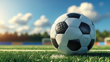 Fototapeta premium Soccer ball on a grassy field under a partly cloudy sky.