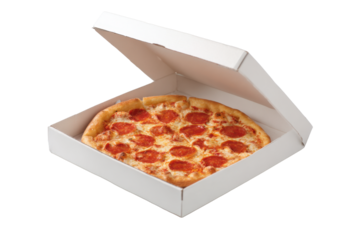 Pepperoni Pizza in Open White Box on Transparent Background