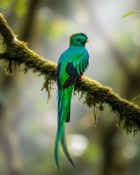 Resplendent Quetzal with emerald-green feathers and long flowing