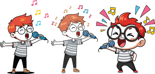 Cartoon, child, singing, microphone, music, performance, red hair, glasses, striped shirt, energetic, joyful, expressive, colorful, notes, stage, talent, fun, illustration, entertainment, vocal