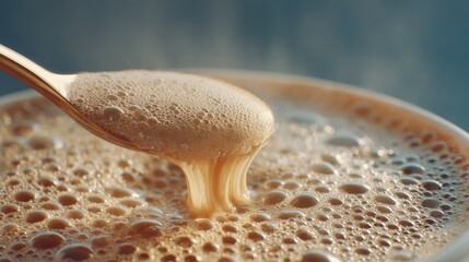 Focused view on a tremorsuppressing gadget spoon maneuvering through creamy latte foam highlighting steady motion against hazy environment.