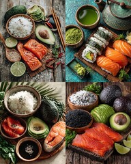 Japanese food collage with salmon, avocado, rice, and nori seaweed