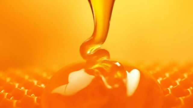 Close-up of golden honey dripping from a beehive. 4k video