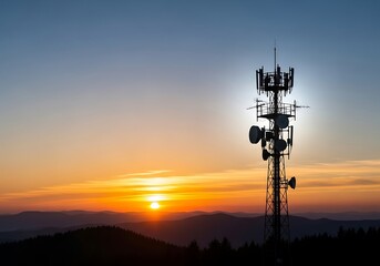 Sunset silhouette of a telecommunication tower on a mountaintop
