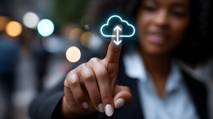 Woman interacting with cloud technology interface on her fingertip in an outdoor environment