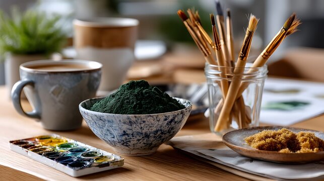 Still life with watercolor paints brushes spirulina and coffee on a wooden table top in soft light