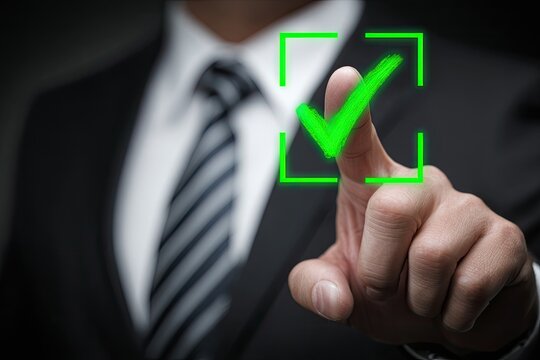 Businessman's finger touching a glowing green checkmark
