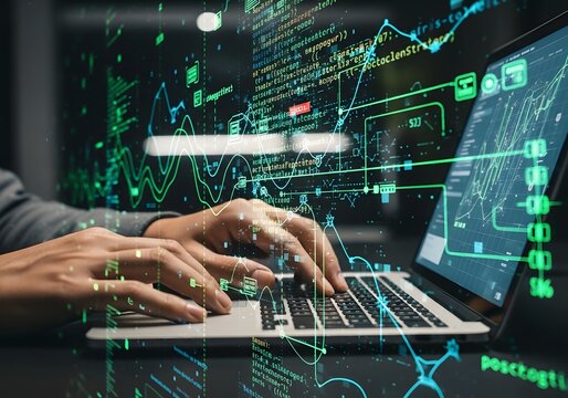 Close-up of hands typing on a laptop keyboard, displaying complex code and financial data analytics on a futuristic glowing green interface