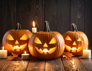 Obraz premium Three glowing Halloween pumpkins and a tea light on a wooden surface in the dark.