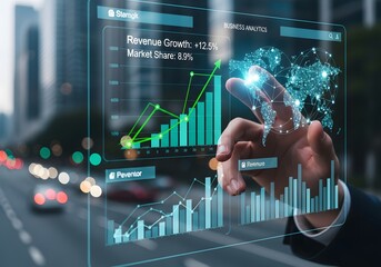 Businessman analyzing dynamic financial data on a futuristic holographic interface with a city background