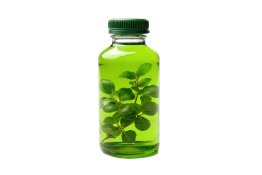 Small Glass Bottle with Green Plant Extract on Transparent Background