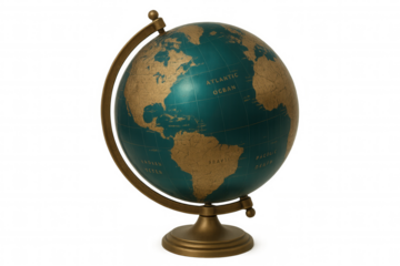 Green and gold globe showing earth continents and oceans on a transparent background, perfect for educational or travel projects