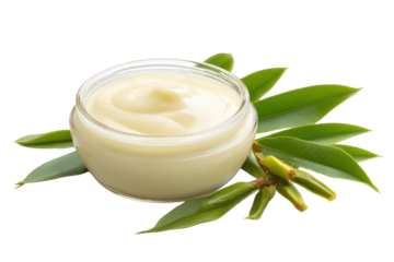 Natural Plant-Based Cream in Glass Jar with Leaves